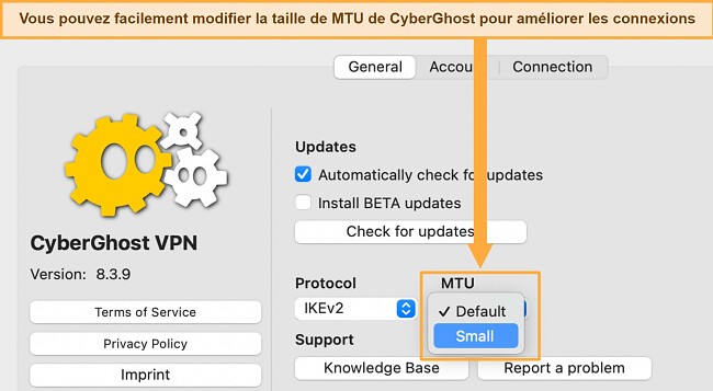 VPN d&eacute;connexion comment r&eacute;parer CyberGhost onglet param&egrave;tres MTU