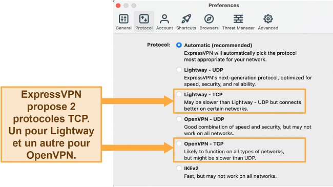 Probl&egrave;me de d&eacute;connexion VPN - Comment le r&eacute;soudre ? Menu des protocoles ExpressVPN affichant les protocoles TCP