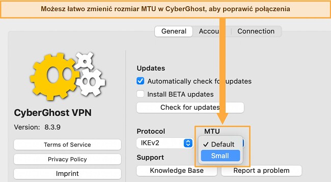 VPN traci połączenie jak to naprawić CyberGhost Karta ustawień og&oacute;lnych pokazująca opcje MTU