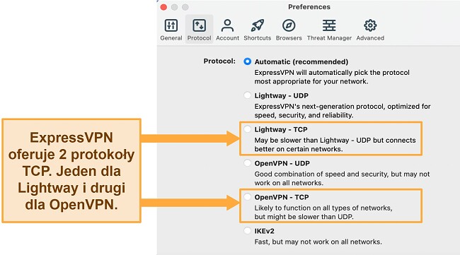 VPN rozłącza jak naprawić MENU protokoł&oacute;w ExpressVPN TCP