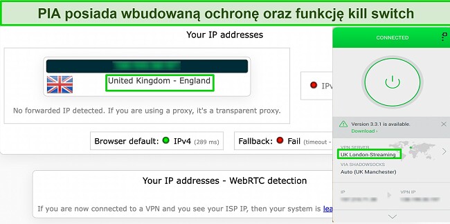 Rozwiązanie problemu rozłączania się VPN - jak to naprawić? Wbudowana ochrona przed wyciekami PIA działa
