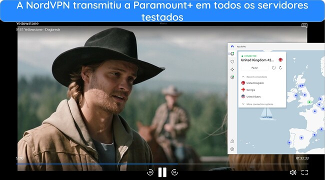 Imagem mostrando instru&ccedil;&otilde;es sobre como assistir Yellowstone no Paramount+ usando NordVPN para streaming