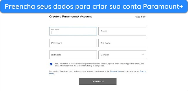 P&aacute;gina de cria&ccedil;&atilde;o de conta do Paramount Plus, com usu&aacute;rio preenchendo informa&ccedil;&otilde;es. Logo do servi&ccedil;o ao fundo