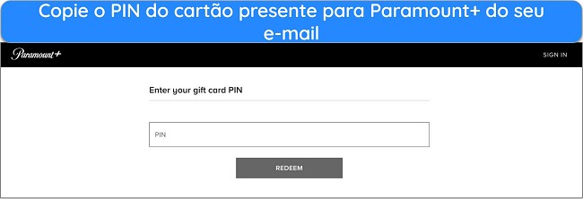 P&aacute;gina de resgate de cart&atilde;o-presente do Paramount Plus - como assistir ao Paramount Plus de qualquer lugar